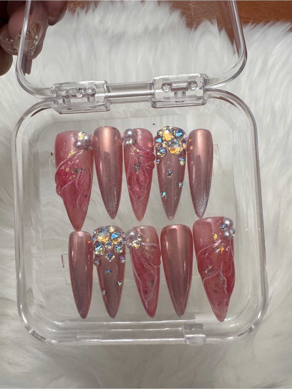 Shimmer Pink Stiletto Press-On Nails with Rhinestones